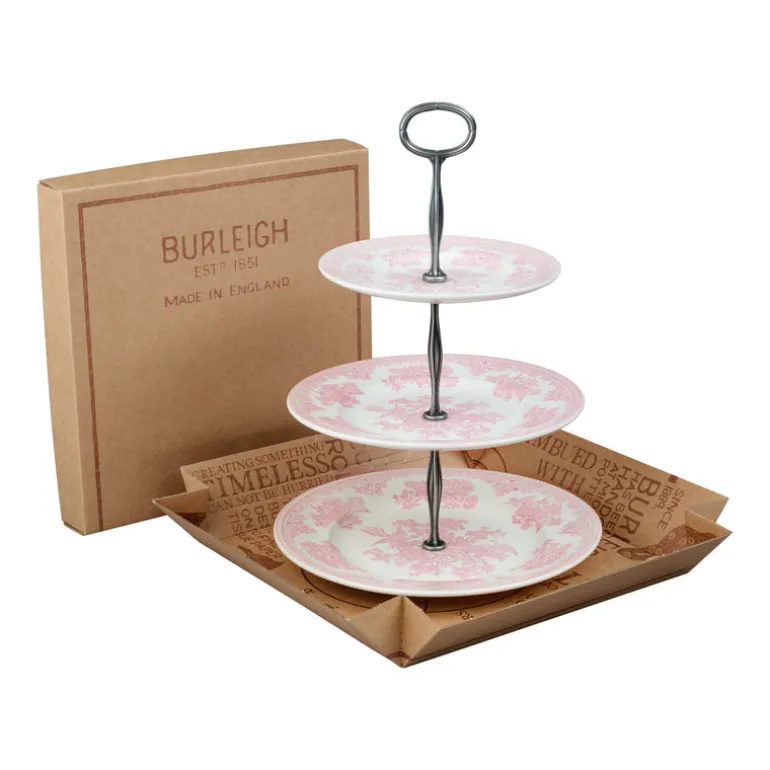 Pink Asiatic Pheasants 3 Tier Cake Stand Gift Boxed - Burleigh Pottery